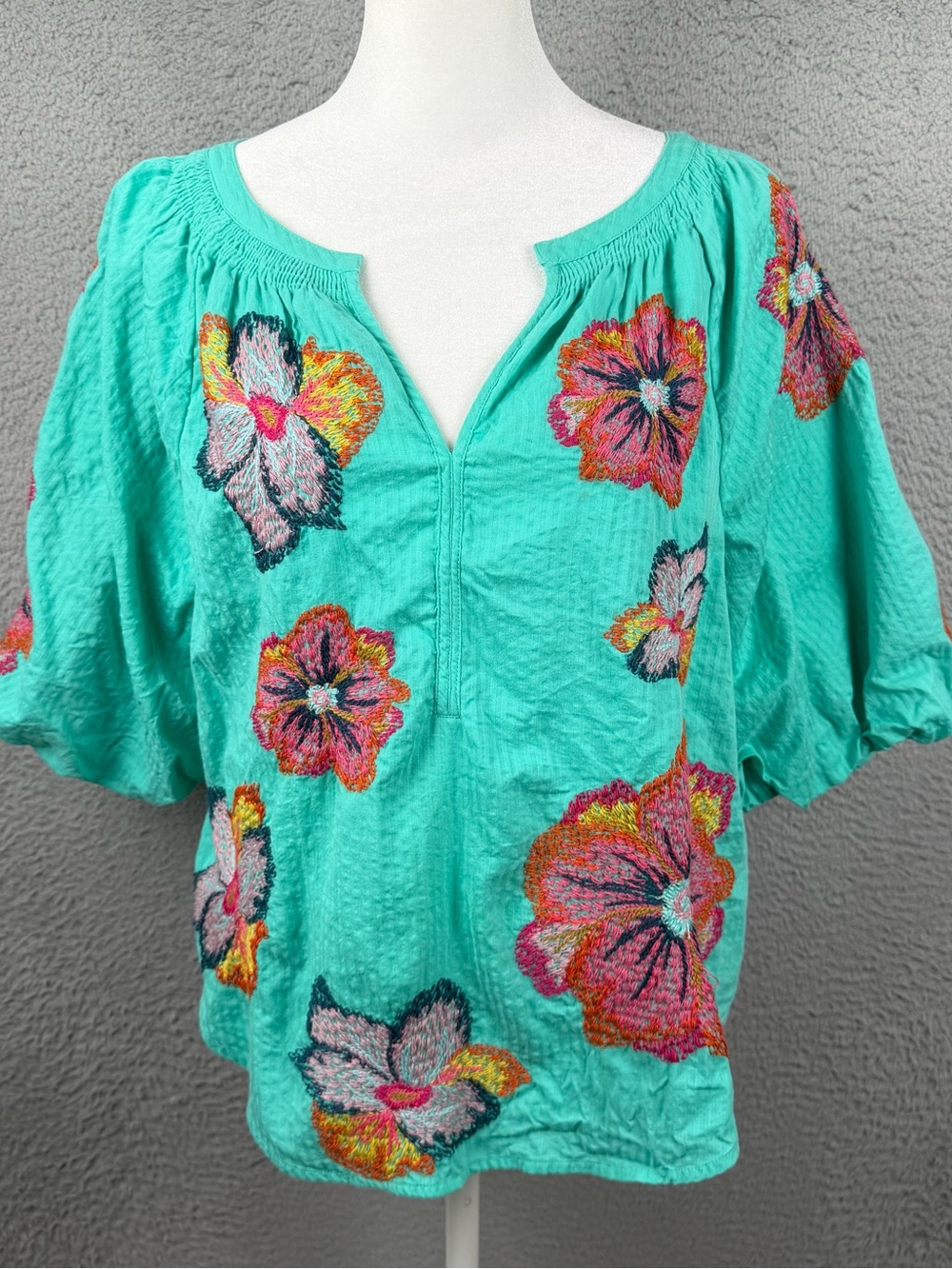 Maeve Top Womens MP Green Floral Embroidered V Neck Preppy Boho Peasant